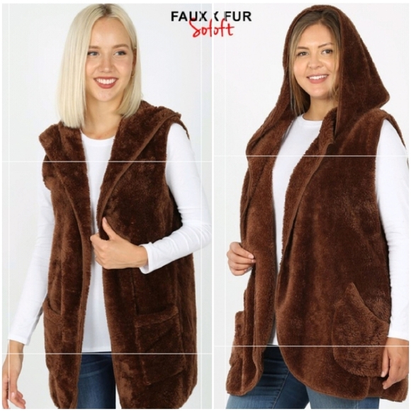 Brown hooded faux fur vest - Picture 1 of 3